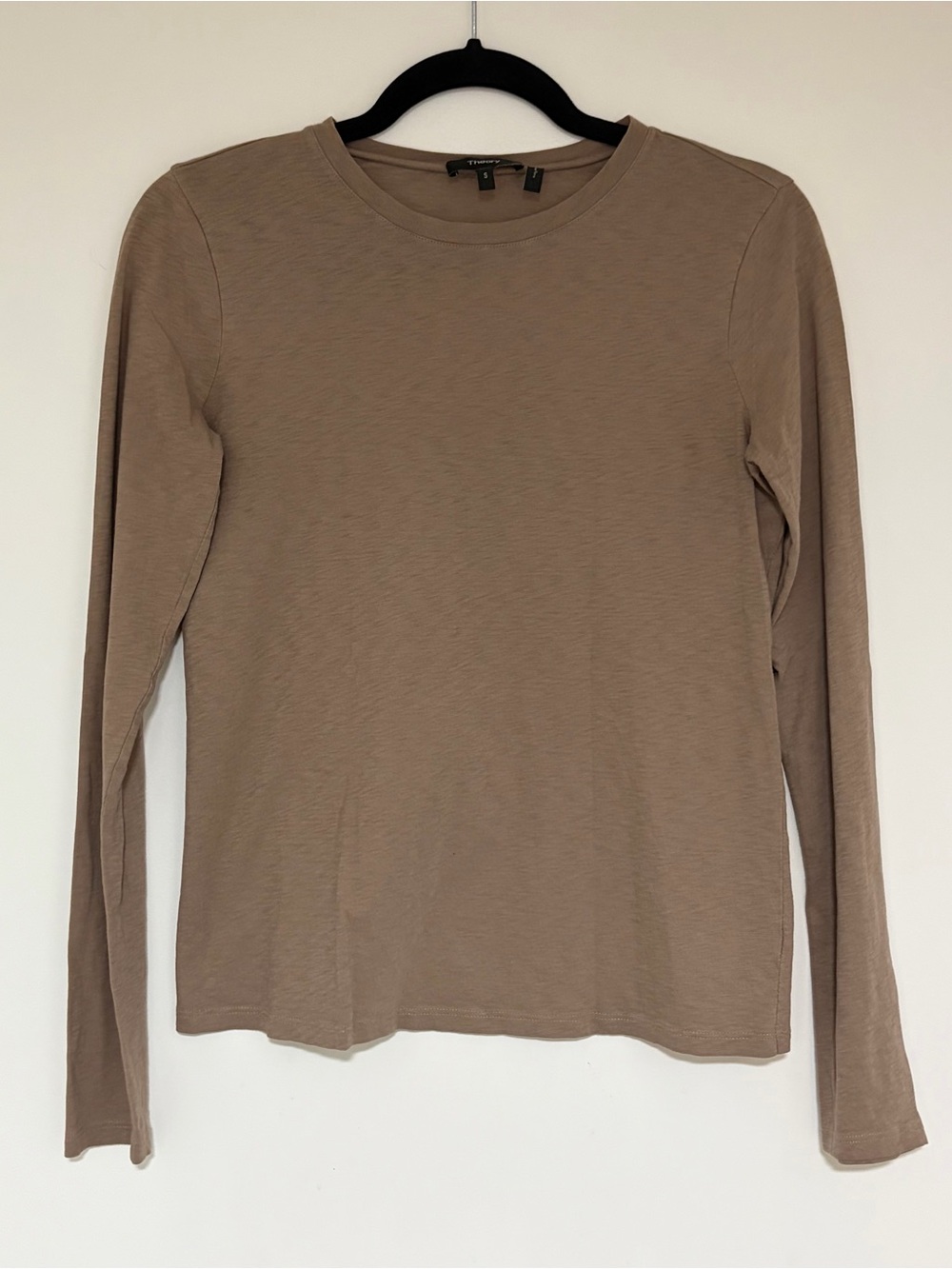 Theory Women’s Taupe Lightweight Long Sleeve Crew Neck Tee Shirt Size Small